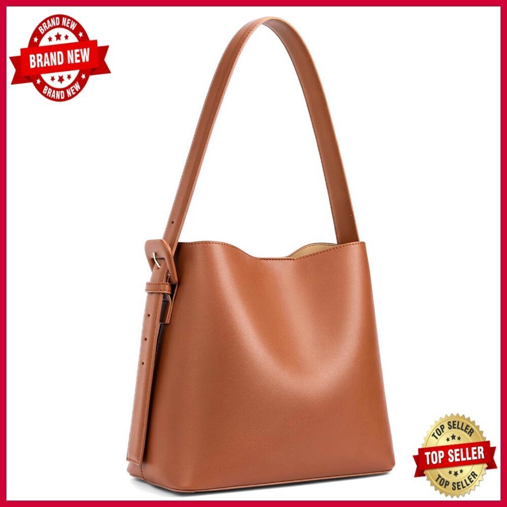 Vegan Leather Bucket Shoulder Bag Adjustable Strap Spacious Capacity